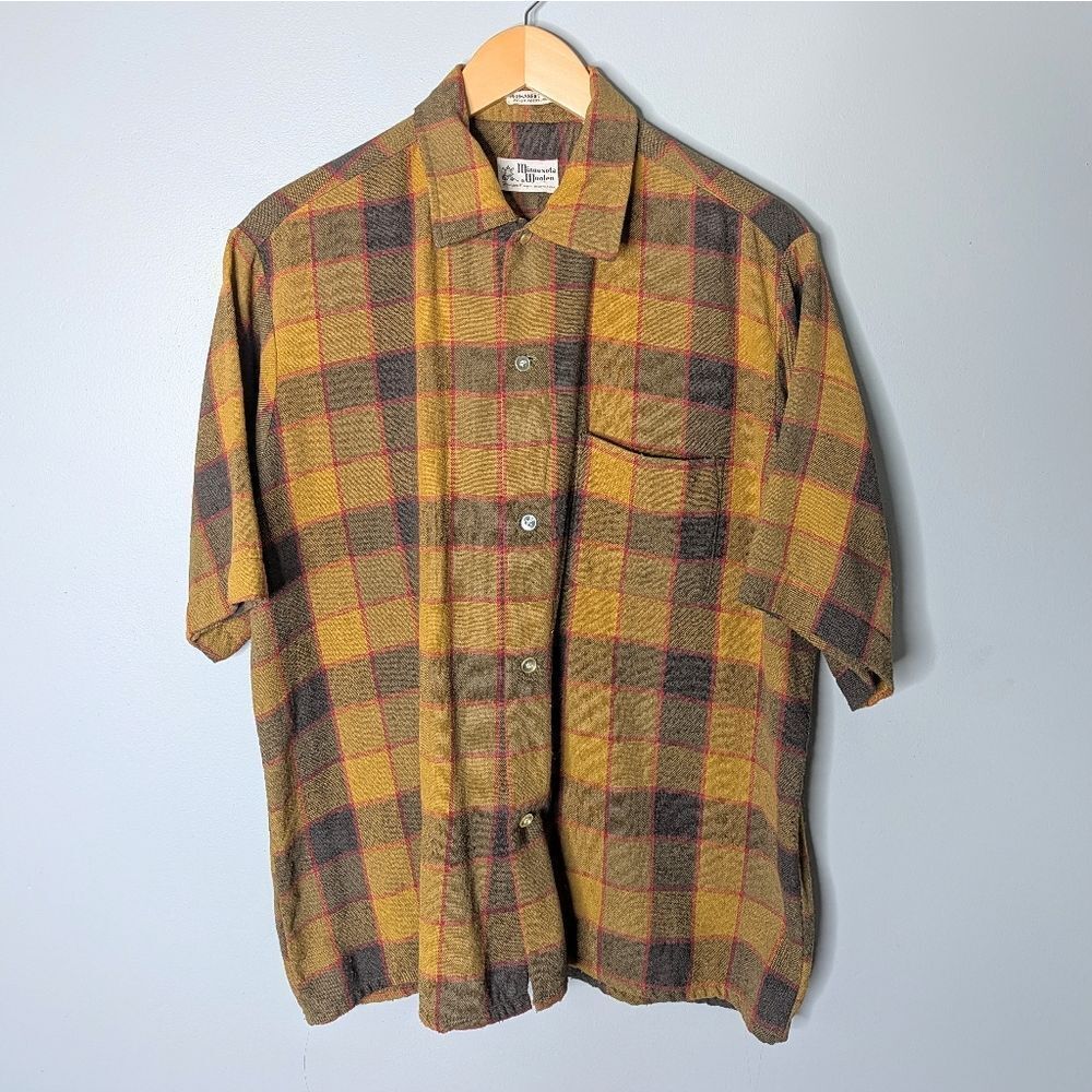 Vintage Minnesota Woolen Wool Plaid Short Sleeve Button Down Shirt L 16 16.5